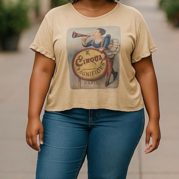 Vintage style Circus Clown Women plus size 2X Cream Asymmetrical hem ruffle Tee - Picture 1 of 7